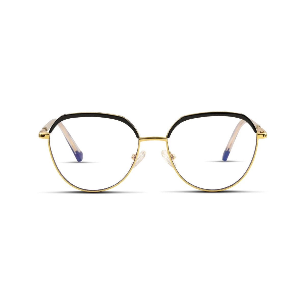 Γυαλιά Blue Light René Noir Gold με μεταλλικό σκελετό και browline σχήμα σε μαύρο και χρυσό χρώμα.