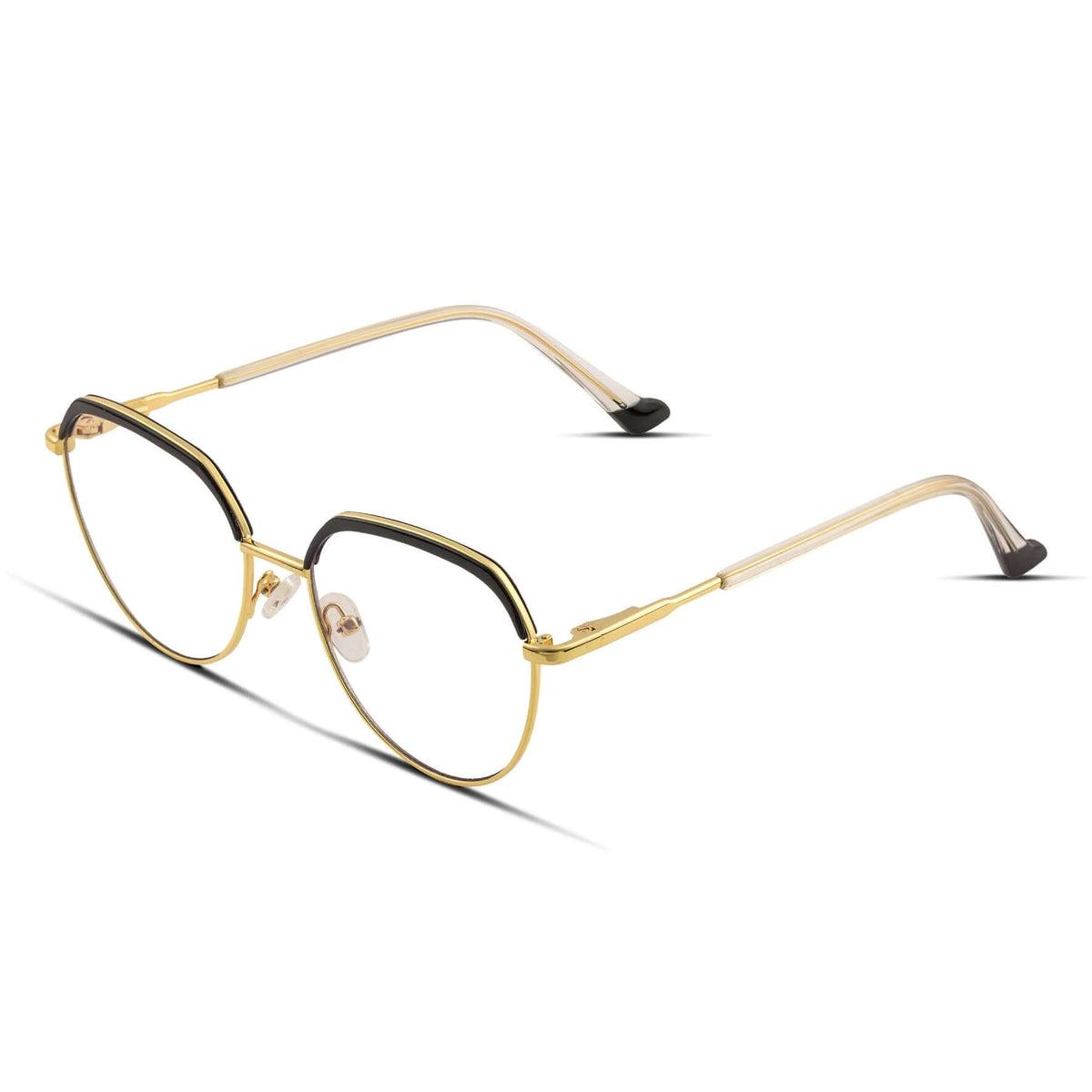 Γυαλιά Blue Light René Noir Gold με μεταλλικό σκελετό και browline σχήμα σε μαύρο και χρυσό χρώμα.